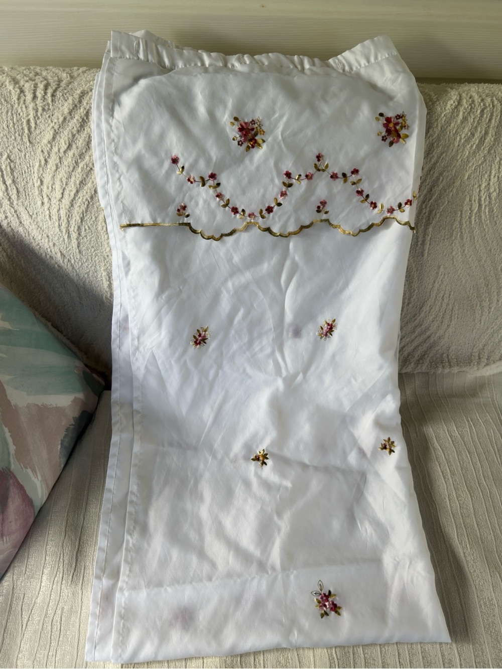 Shabby Chic Tea Rose Embroidered Shower Curtain White Fabric 67in x 71in